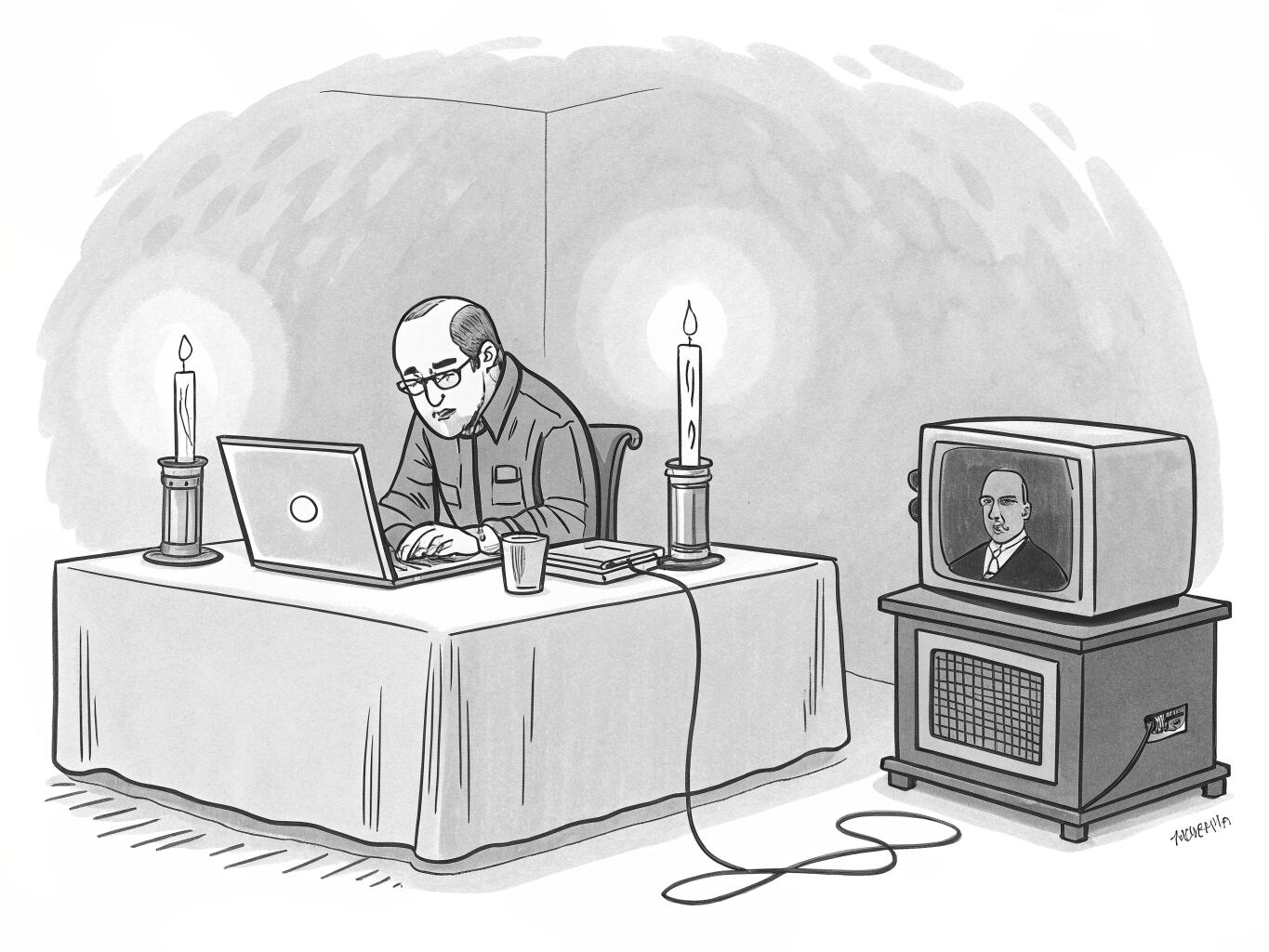 A single-panel cartoon: a man works at a laptop between two lit candles while an old television beside him displays a stern portrait, a cable running from the laptop to the set.