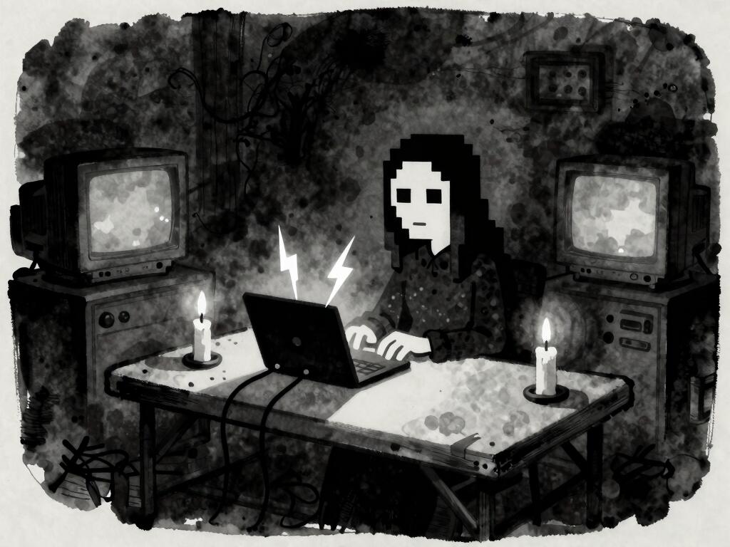 An ink-wash drawing: a pixelated ghost with long dark hair types at a glowing laptop between two lit candles, flanked by a pair of static-filled CRT televisions.