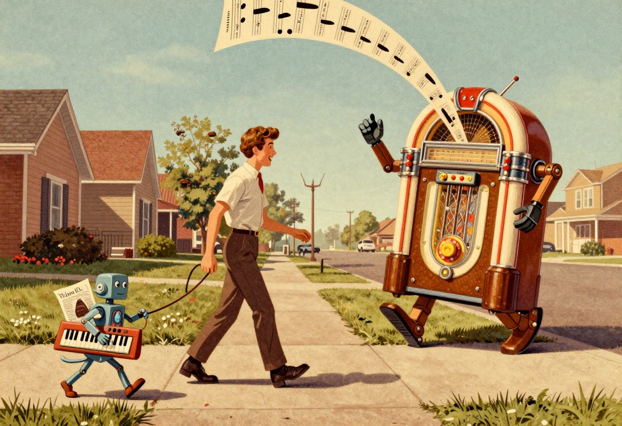 A 1950s-style Kodachrome illustration of a man strolling down a suburban sidewalk, walking a small robot on a leash that trots along carrying a synthesizer keyboard and a newspaper, while a giant jukebox on robot legs strides up to greet him, sheet music streaming out of its top.