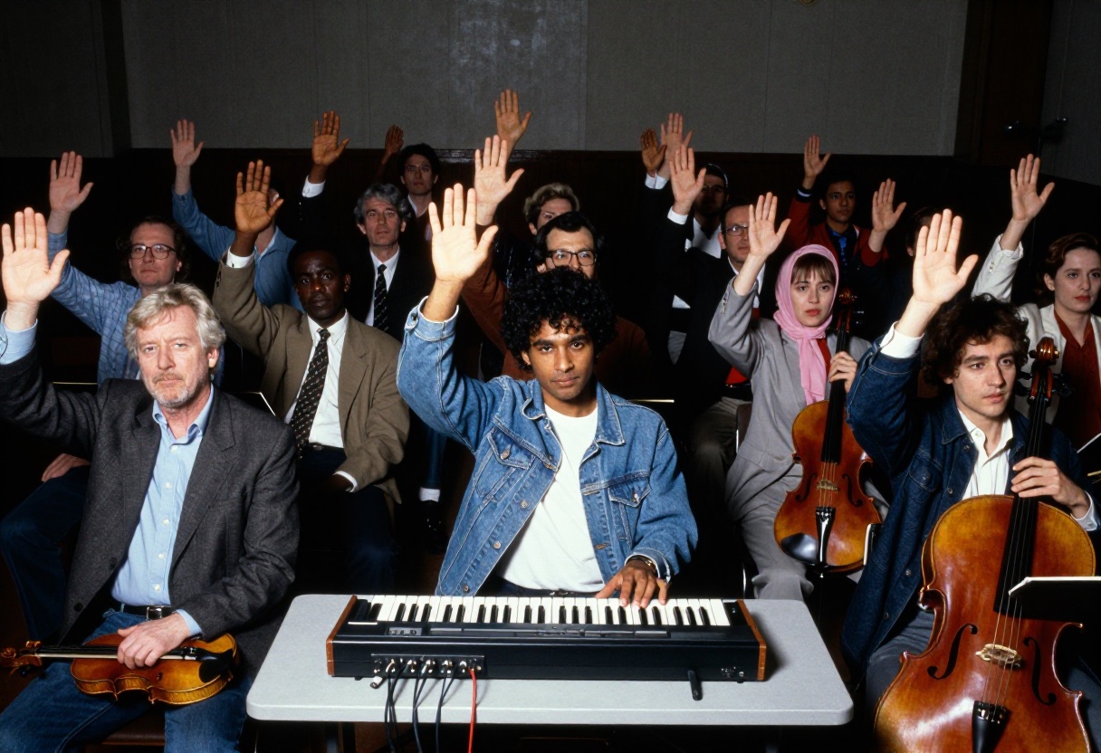 A flash-lit snapshot styled like 1982: a mixed room of orchestral and session musicians, violins and cellos in hand, all raising their hands to vote. On a folding table at the front sits an analog synthesizer, and the young man seated behind it votes with one hand while his other hand rests on its keys.