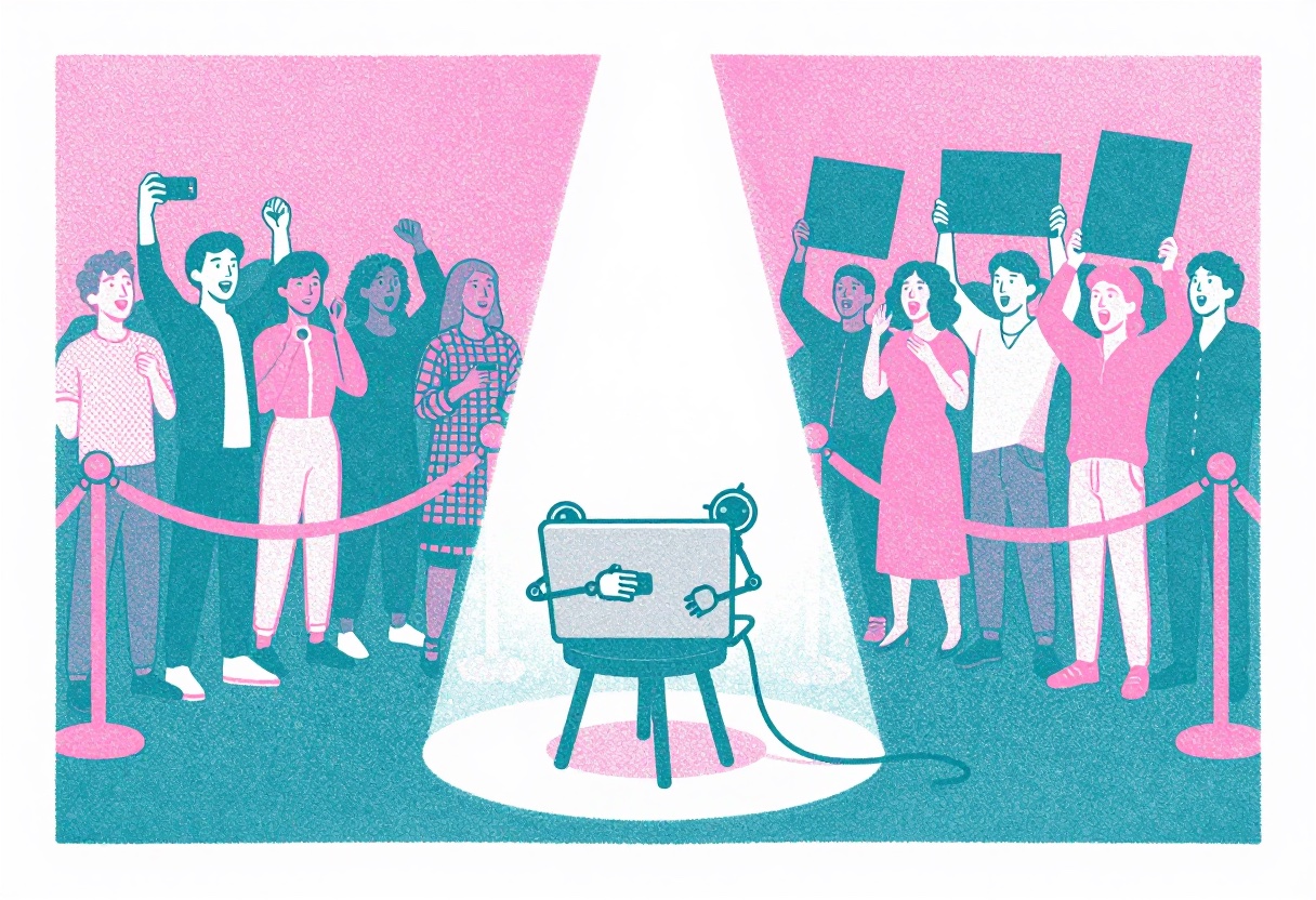 A two-color pink and teal risograph print: a laptop with little robot arms sits on a stool in a spotlight, between two crowds held back by velvet ropes. The crowd on the left cheers and films on their phones; the crowd on the right raises blank placards.