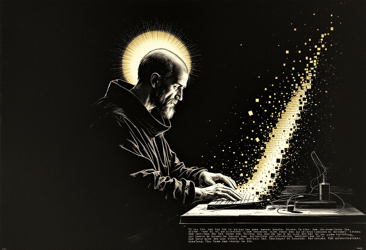 A dark engraving of a haloed saint in profile hunched at a keyboard, the right side of his body and halo breaking apart into a rising stream of coarse golden pixel-blocks that scatter into the black void; a band of garbled static runs along the bottom edge.