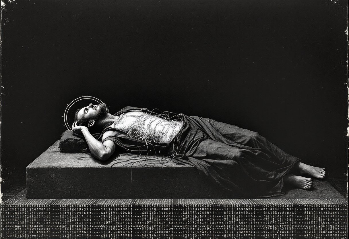 A dark, high-contrast engraving of a haloed saint laid out on a stone slab in a black void, his tunic opened to reveal a chest packed with circuitry and loose wires in place of ribs; the floor beneath the slab is a dense field of ones and zeros.