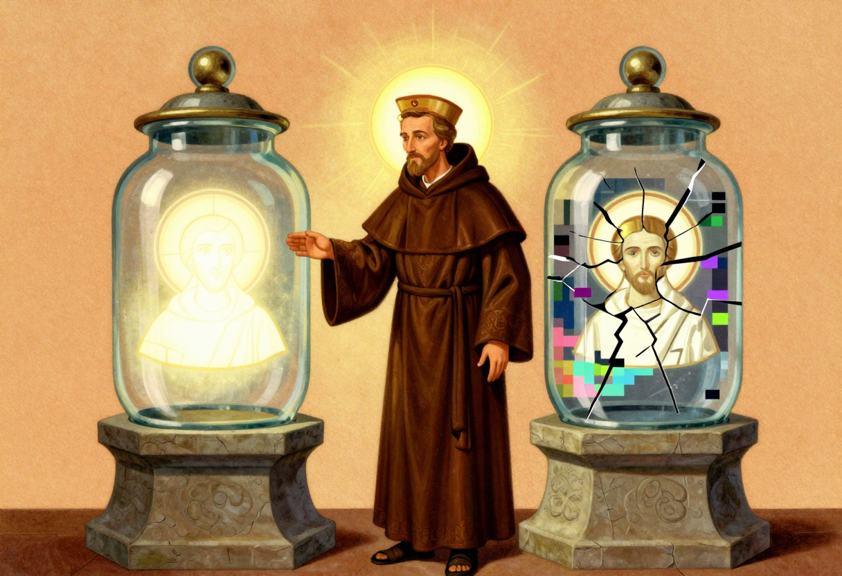 A warm mid-century devotional illustration: a haloed monk in a brown habit stands between two tall glass reliquary jars on stone pedestals. The jar on his right holds a smooth, flawless, glowing icon, and he extends a hand toward it. The jar on his left holds the same icon cracked into shards and breaking up into blocks of colored digital static.
