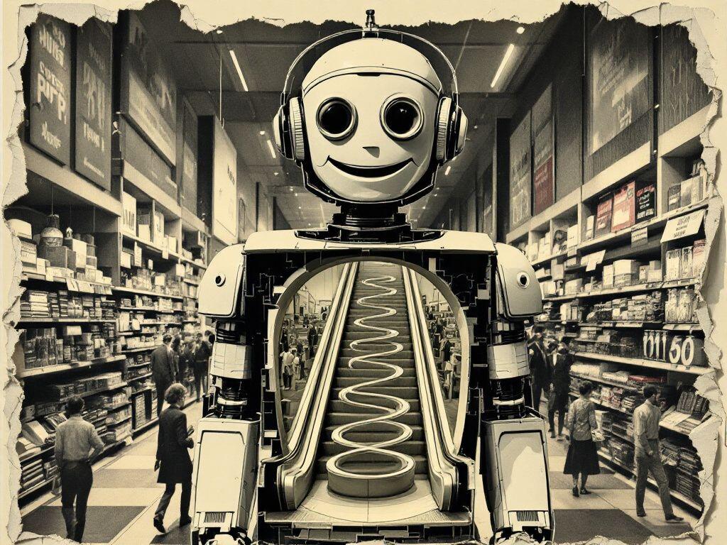 A sepia photo-collage: a giant smiling retail robot stands in a store aisle, its chest cut away to reveal an escalator spiraling endlessly downward inside.