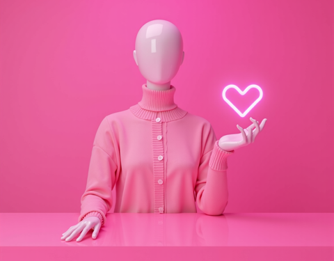 A blank-faced pink mannequin in a soft cardigan stands behind a beauty counter, holding out a glowing heart where a face should be - warmth as a costume, with no one inside it.