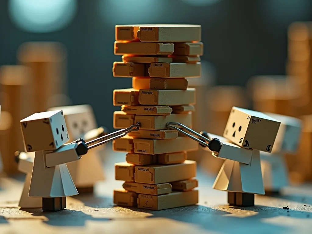 A tilt-shift diorama: two cardboard robots ease blocks out of a wobbling Jenga tower with long tweezers - pull one piece and see what was holding everything up.