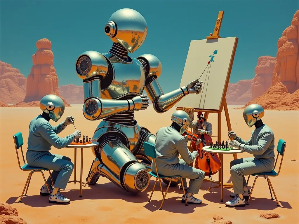 A 1970s airbrushed sci-fi scene: a chrome robot paints at an easel on a desert plain while helmeted companions play chess and cello beside it - one machine for every task.
