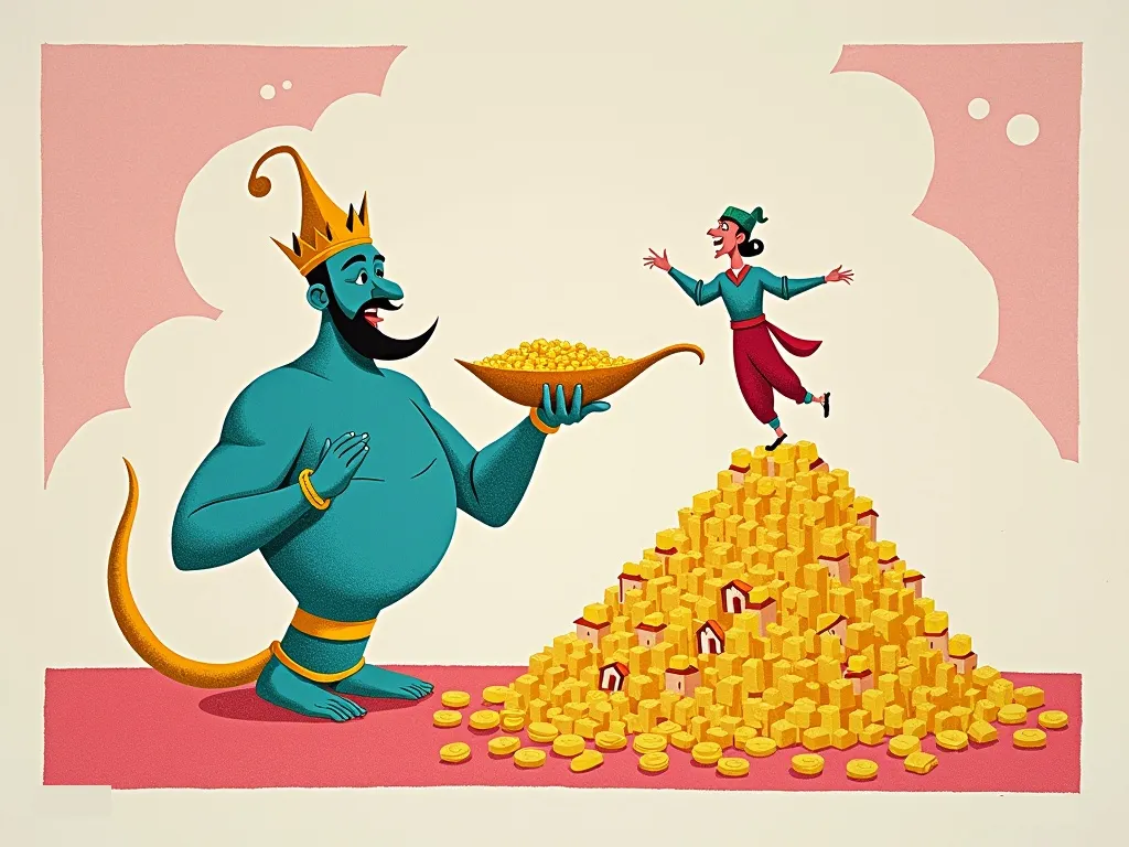 A pink-and-teal risograph: a beaming genie hands over a bowl of gold while the wisher dances atop a mountain of it, little houses buried in the pile - exactly the wish, not the want.