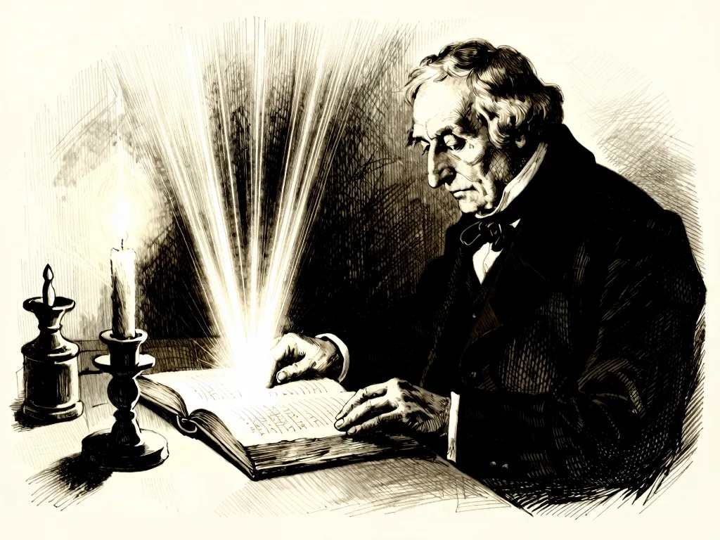 A Victorian wood-engraving: a scholar at a desk reading an open book, fine luminous threads rising from certain words and converging on one - some words weighed far more heavily than the rest.