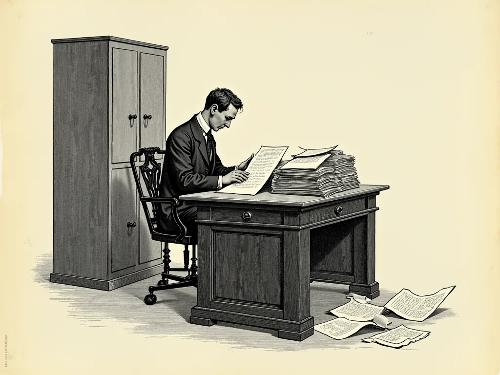 A Victorian engraving: a clerk at a desk heaped with papers, a few sheets sliding off the edge to the floor, a closed cabinet behind him he can't reach into.
