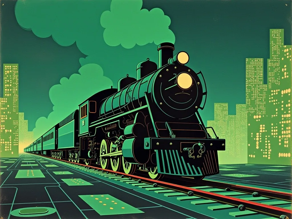 A mid-century screenprint: a black steam locomotive with green trim thunders along rails through a city of glowing circuit boards - the engine nearly all AI runs on.