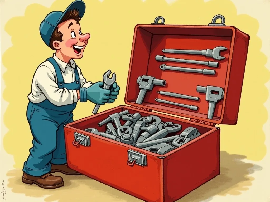 A cheerful 1950s gouache: a grinning mechanic in overalls opens a red toolbox crammed with ready-made wrenches - the fast tools already built so nobody reinvents them.