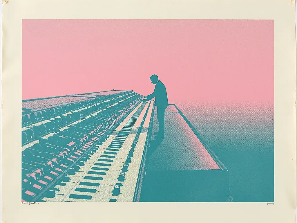 A pink and teal risograph: a lone figure adjusts one slider on a mixing desk that runs to the horizon - thousands of sliders, each describing one thing.