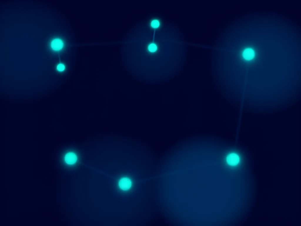 A minimalist schematic: small glowing dots scattered across a dark field in loose clusters, faint lines between near neighbours - points placed so similar things sit close together.