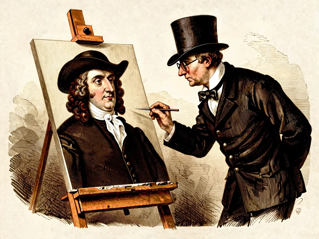 A Victorian wood-engraving: a forger at an easel painting a convincing counterfeit while a monocled inspector leans in to scrutinise it - a duel of faking and detecting.