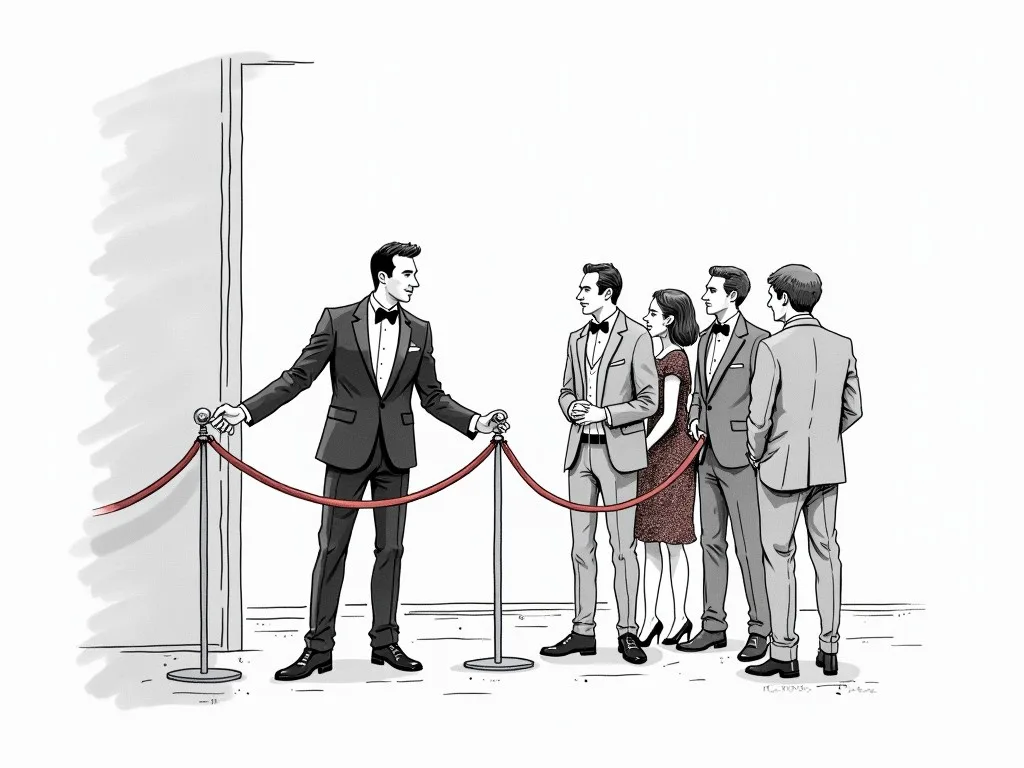 An ink-and-wash drawing: a bouncer in a tuxedo gently unhooks a velvet rope for a hesitant group of guests - borderline cases eased through, not shoved.