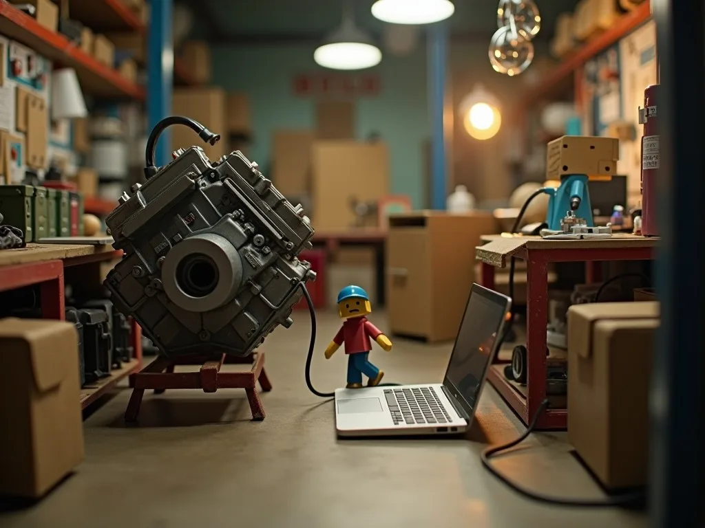 A tilt-shift diorama: a heavy engine block sits on a stand in a cluttered workshop, cabled to a small open laptop - the engine a model actually runs inside.