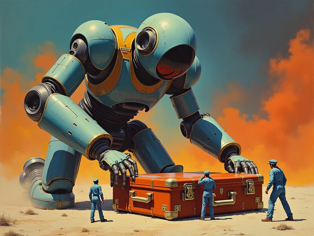 A 1970s airbrushed sci-fi scene: a giant robot crouches while three technicians pack it into an old leather suitcase - a huge model squeezed into one portable file.