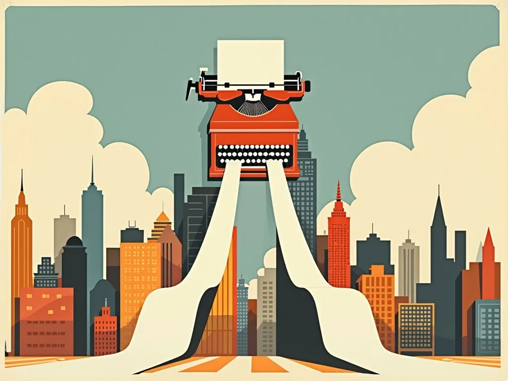 A mid-century screenprint: a red typewriter towers over a city skyline, one endless ribbon of paper pouring down between the buildings - next-word guessing at enormous scale.