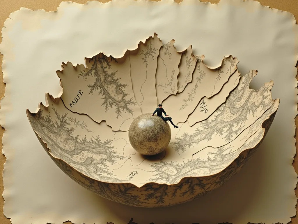 A paper-cutout collage: a tiny figure riding a marble down the inside of a torn bowl made of contour maps - always rolling toward the lowest point.