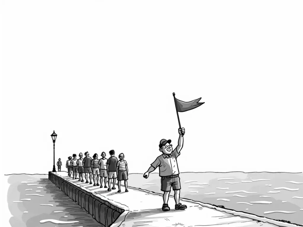 A single-panel gag cartoon: a grinning tour guide waves his flag and leads a line of trusting tourists along a pier toward open sea - total confidence, no idea where it ends.