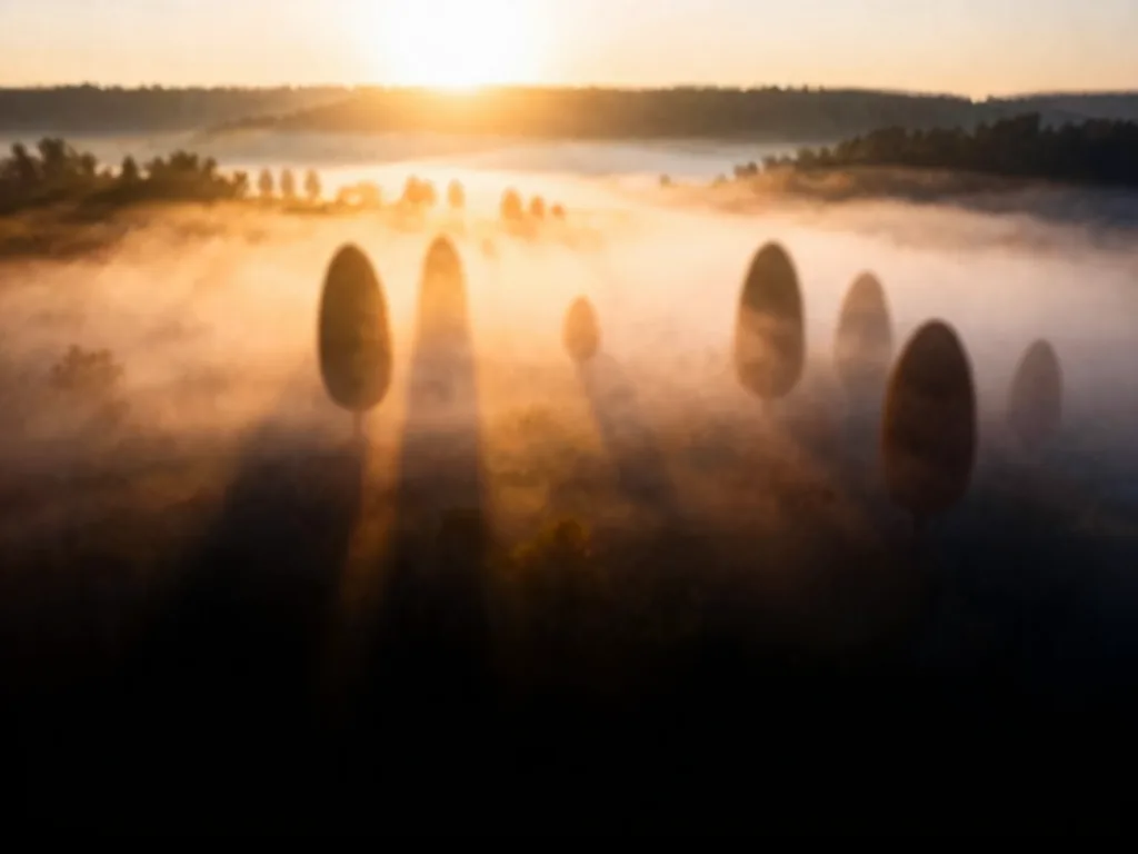 A dreamy aerial photograph of a misty valley at dawn, softly glowing clustered forms floating in fog with similar shapes gathered together - a map of meaning.