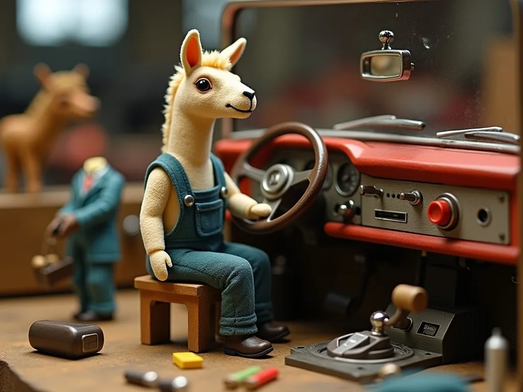 A tilt-shift diorama: a llama in denim overalls sits at the dashboard of an old car, tools and engine parts scattered on the bench below - the engine, and the friendly controls on top of it.