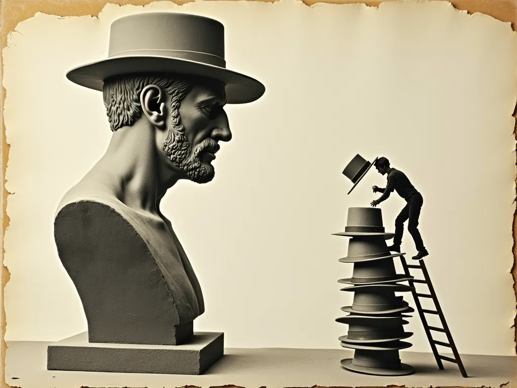 A sepia paper collage: a giant stone bust in a hat, and a tiny figure on a ladder swapping it for another from a tall stack of hats - the statue stays put, only the hat changes.