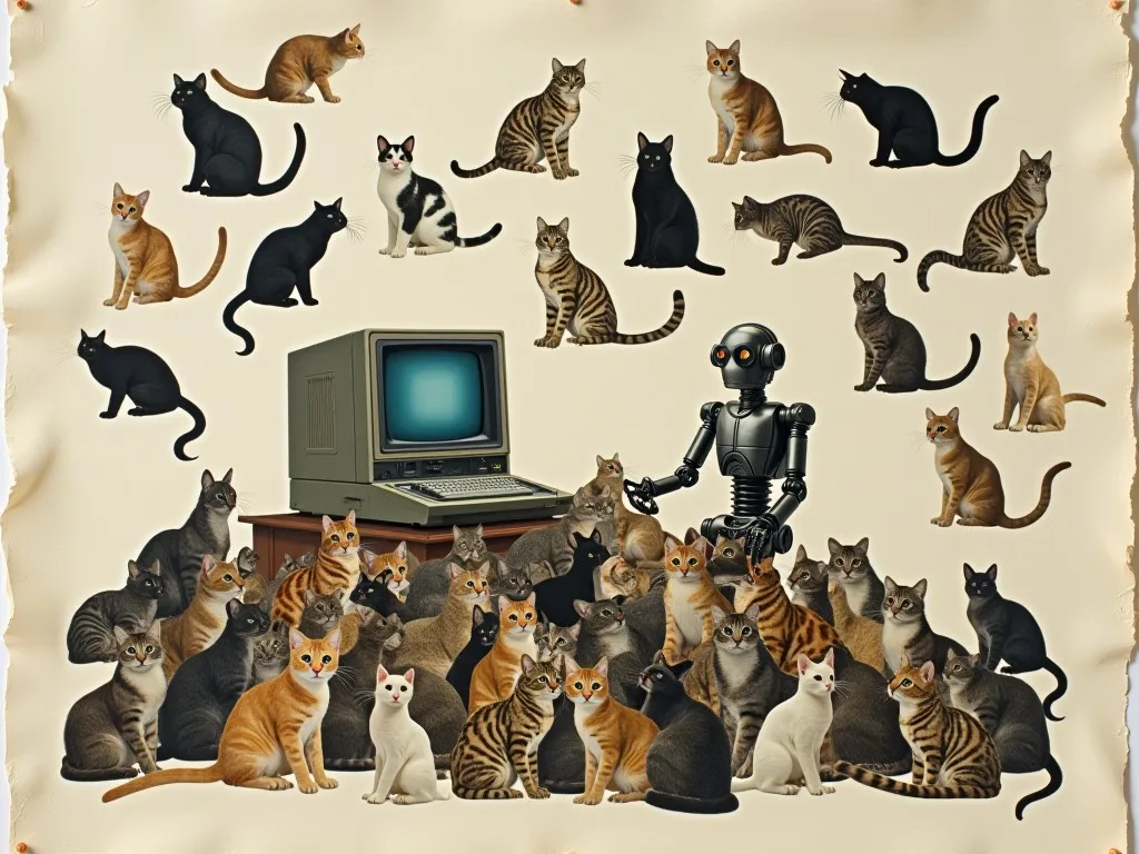 A cut-paper collage: a robot sits at a vintage computer surrounded by dozens of cut-out cats - learning what a cat is from examples, not rules.