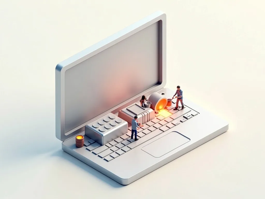 An isometric illustration: a tiny foundry crew pours glowing molten metal on the keyboard of a silver laptop - the language that drives the graphics chip inside a Mac.