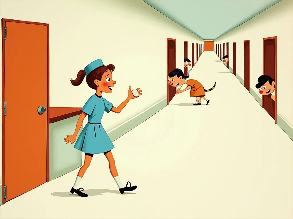 A mid-century picture-book gouache: a cheerful nurse waves a patient along a hospital hall of many doors, a few specialists peeking out - most rooms empty, only a couple in use.
