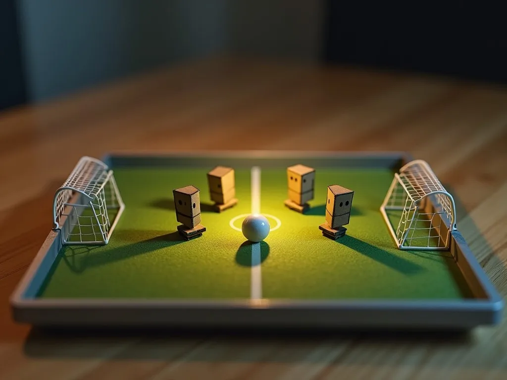 A tilt-shift diorama: four cardboard players square off on a tiny tabletop soccer pitch with a glowing ball - Apple's home field, with one shared pitch for processor and GPU.