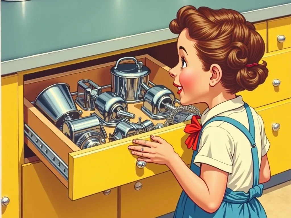 A cheerful 1950s gouache: a delighted woman pulls open a yellow kitchen drawer full of gleaming chrome machines - a drawer of ready-made math moves.