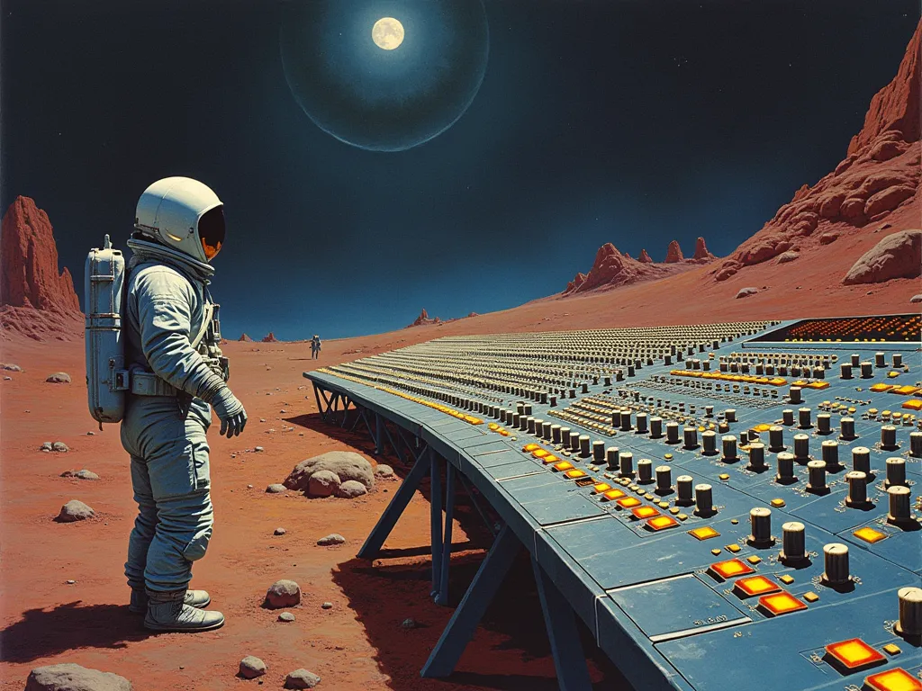 A 70s sci-fi paperback painting: a lone astronaut on a red desert planet facing a mixing console of countless knobs and lit buttons that runs to the horizon.