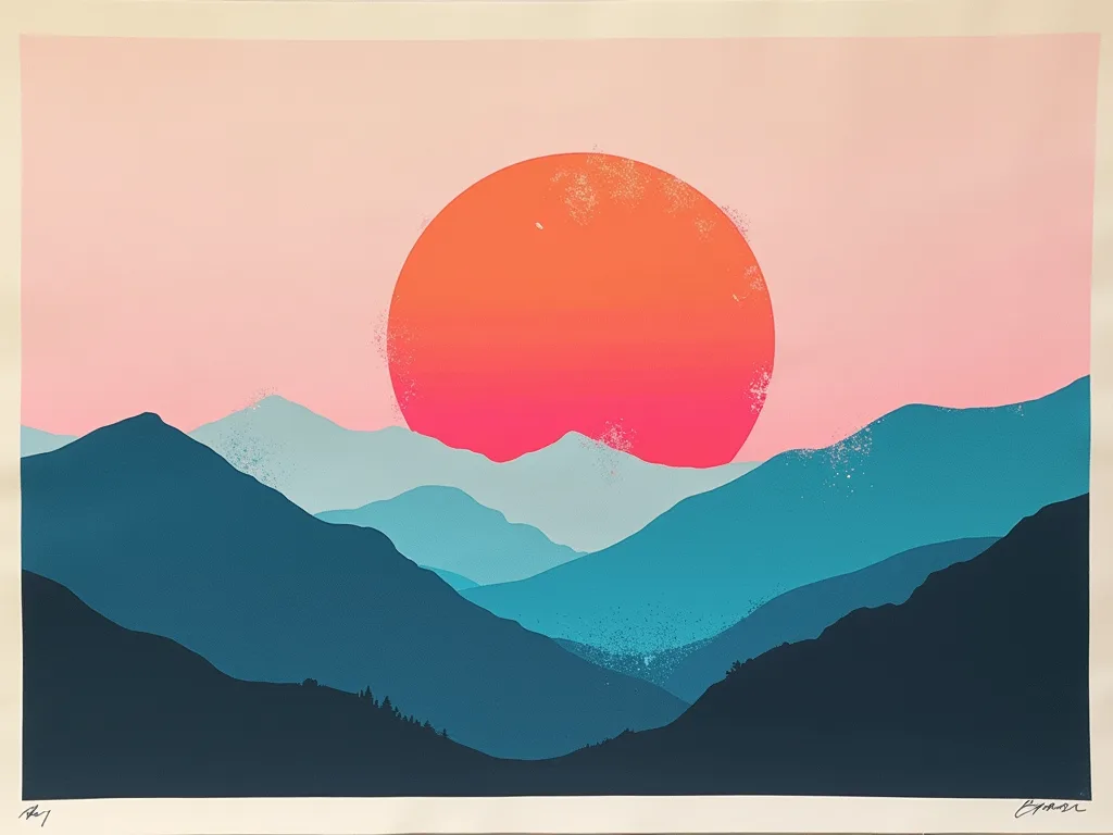 A two-color risograph sunset: a pink sky and a coral sun over mountains reduced to a few flat bands of teal - the whole scene repainted with a handful of tones.