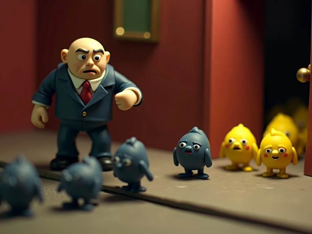 A claymation still: a scowling plasticine bouncer sends grumpy blue blobs shuffling away from the door while cheerful yellow ones head on in - negatives turned away, positives let through unchanged.