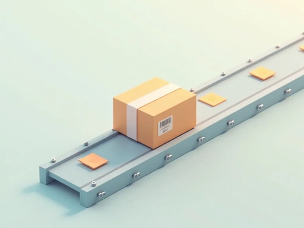 An isometric illustration: a cardboard package glides down an express conveyor belt while small sticky notes wait along its length - the original passes straight through, and each layer just adds a note.