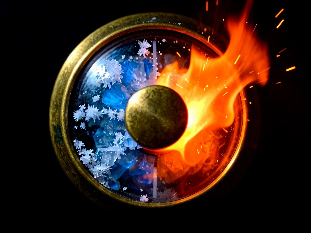 A still-life of an ornate brass dial: frost and crystalline ice on one side, chaotic glowing embers and sparks on the other - a knob between order and randomness.