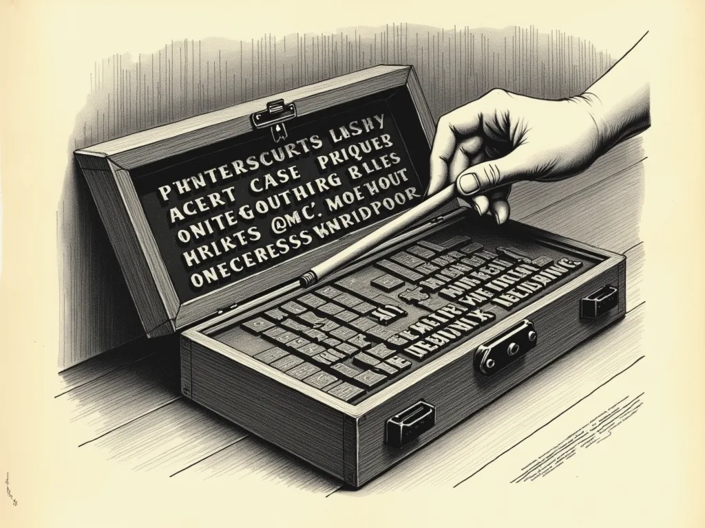 A Victorian engraving: a hand at an open printer's type case, its lid crowded with chunks that almost spell words - the pre-molded pieces a model reads instead of letters.