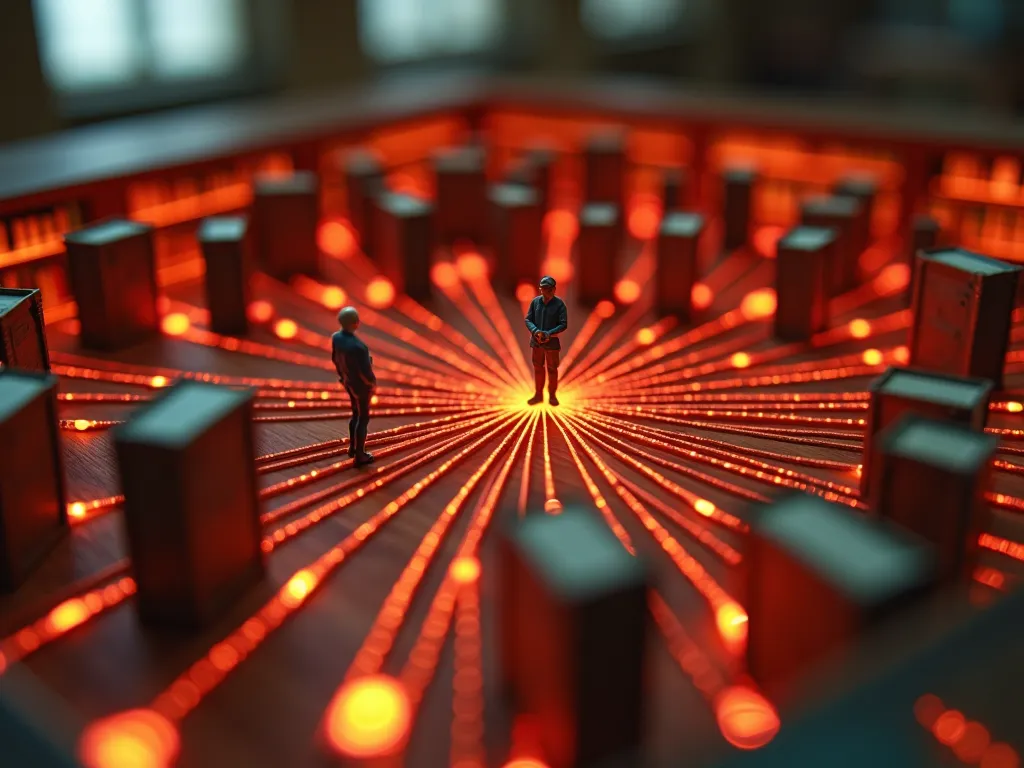 A tilt-shift photo of a miniature library: tiny figurines stand among scattered books while glowing red threads run between them all at once - every piece wired to every other.