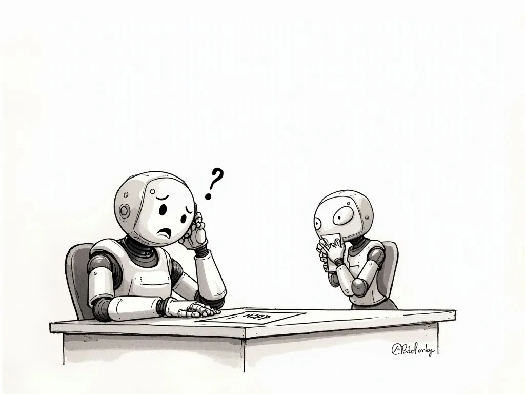 An ink-and-wash drawing: a robot student at a desk clutches its head over a quiz it never studied for while a classmate watches nervously - the held-back test that catches memorizing.