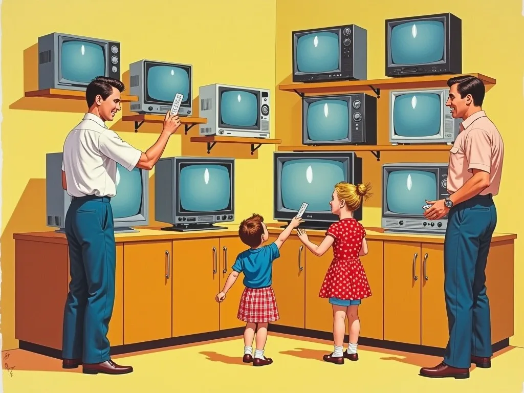 A cheerful 1950s gouache: a family points remotes at a wall of televisions from every different maker - one universal remote that works almost everywhere.
