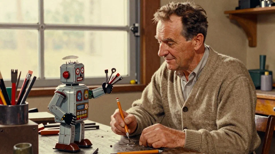 A 1950s illustration of a man in a cardigan sketching at his workbench while a tin toy robot eagerly holds out a fistful of tools. He keeps drawing with his own pencil.