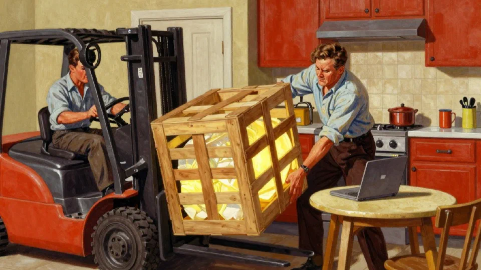 A 1950s illustration of a forklift easing an enormous glowing shipping crate into a cramped kitchen, toward a tiny table holding a small laptop.