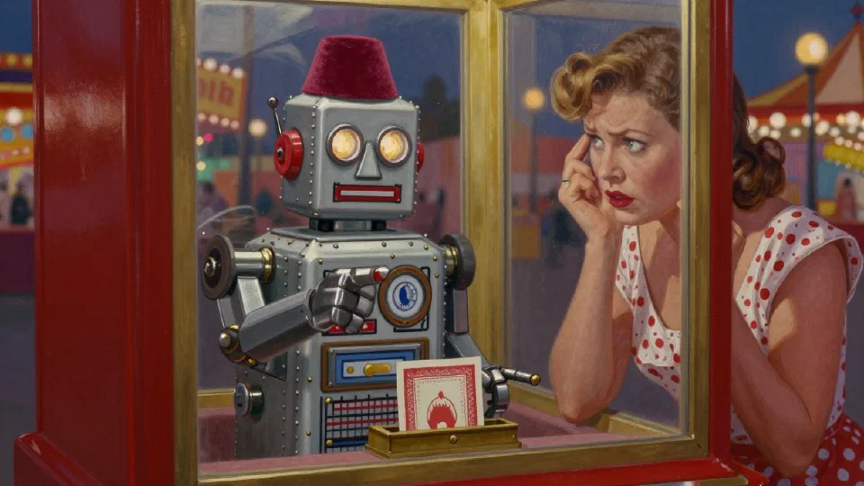 A 1950s illustration of a tin robot in a fez inside a boardwalk fortune-teller booth, a card waiting in its brass slot, while a woman leans on the glass looking deeply unconvinced.