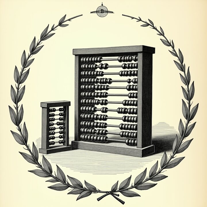 A Victorian engraving of a small abacus with few beads beside a large abacus packed with many beads on every rod.