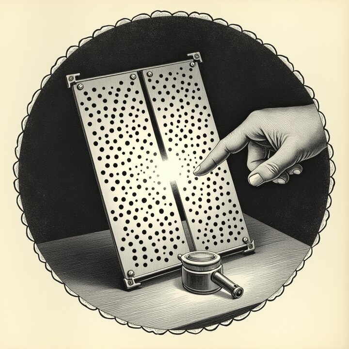 A Victorian engraving of a perforated brass plate with light shining through its holes and a finger pointing at the bright spot.