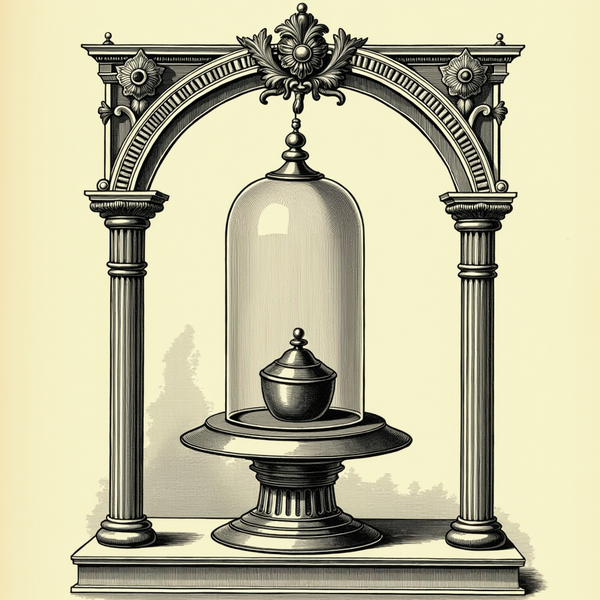 A Victorian engraving of a single brass reference weight on an ornate pedestal, sealed under a glass bell jar.