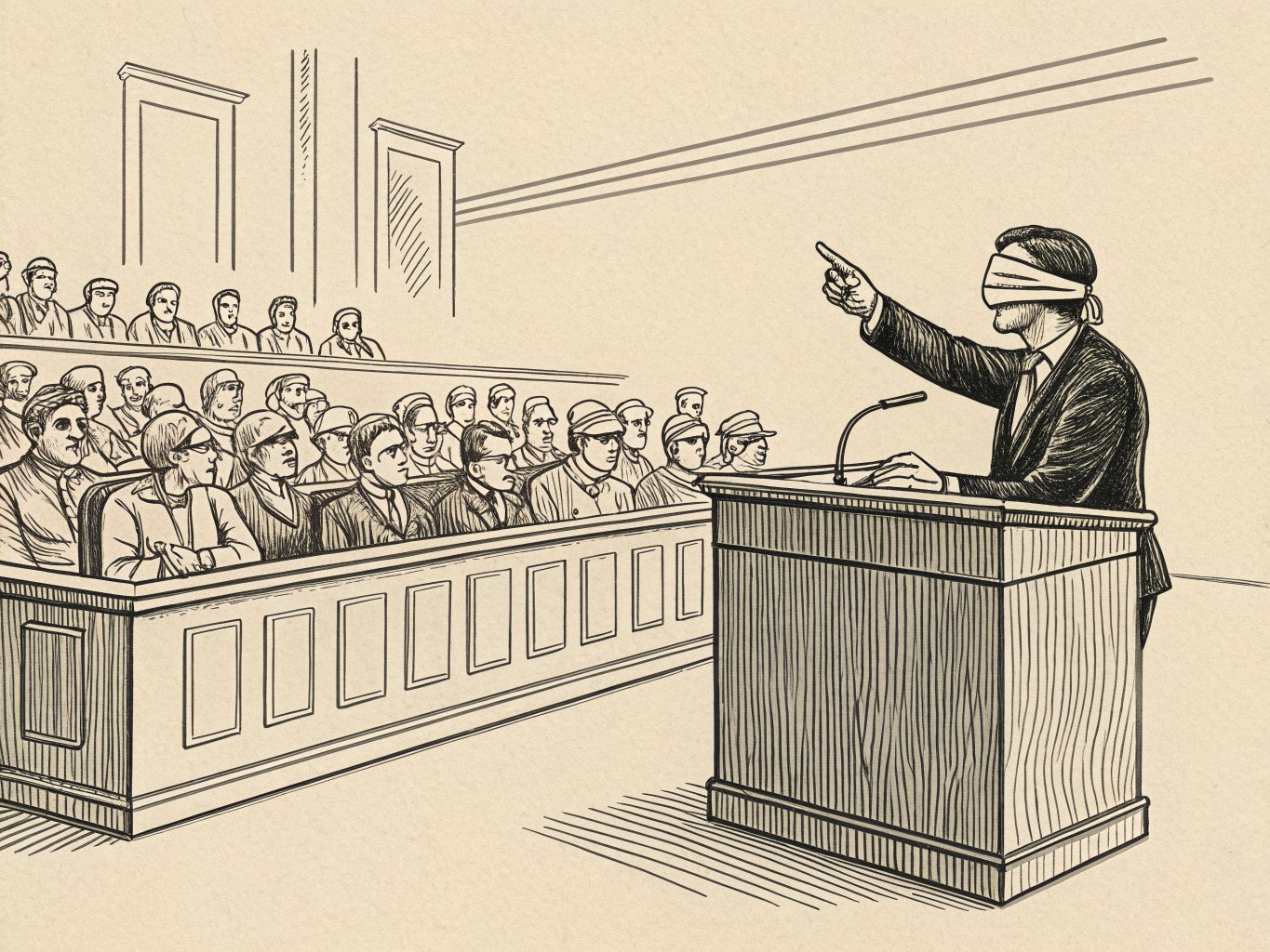 A hatched courtroom illustration on cream paper: a witness in a suit stands at the podium wearing a blindfold, one arm raised, pointing confidently across the room, while rows of jurors and spectators look on from the box beside him.